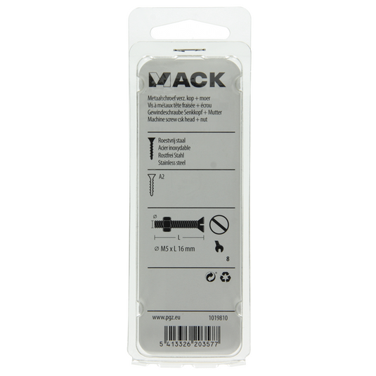 Mack 1019810 - metaalschroef verz. kop + moer rvs 8 st m5x16 | 10 stuks