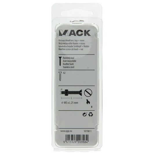 Mack 1019811 - metaalschroef verz. kop + moer rvs 6 st m5x25 | 10 stuks