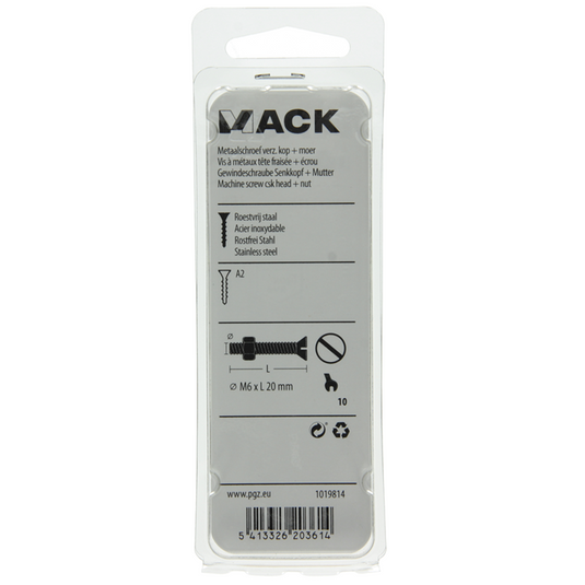 Mack 1019814 - metaalschroef verz. kop + moer rvs 5 st m6x20 | 10 stuks