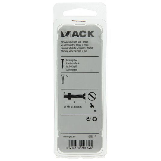 Mack 1019817 - metaalschroef verz. kop + moer rvs 2 st m6x60 | 10 stuks