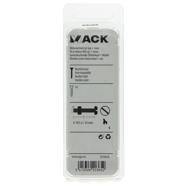 Load image into Gallery viewer, Mack 1019818 - metaalschroef cyl. kop + moer rvs 12 st m3x16 | 10 stuks
