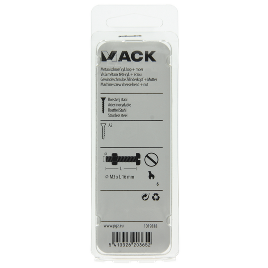 Mack 1019818 - metaalschroef cyl. kop + moer rvs 12 st m3x16 | 10 stuks
