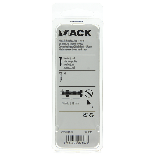 Mack 1019819 - metaalschroef cyl. kop + moer rvs 12 st m4x16 | 10 stuks