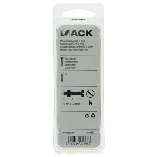 Mack 1019820 - metaalschroef cyl. kop + moer rvs 10 st m4x20 | 10 stuks