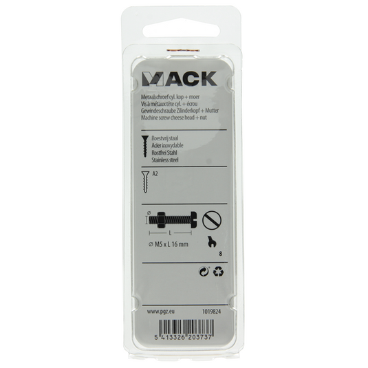 Mack 1019824 - metaalschroef cyl. kop + moer rvs 8 st m5x16 | 10 stuks