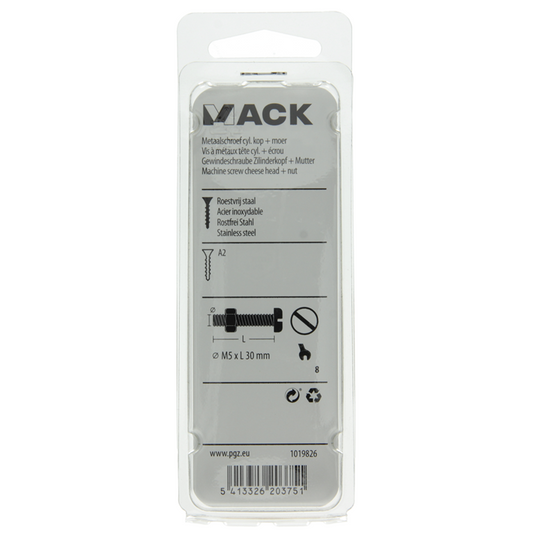 Mack 1019826 - metaalschroef cyl. kop + moer rvs 6 st m5x30 | 10 stuks