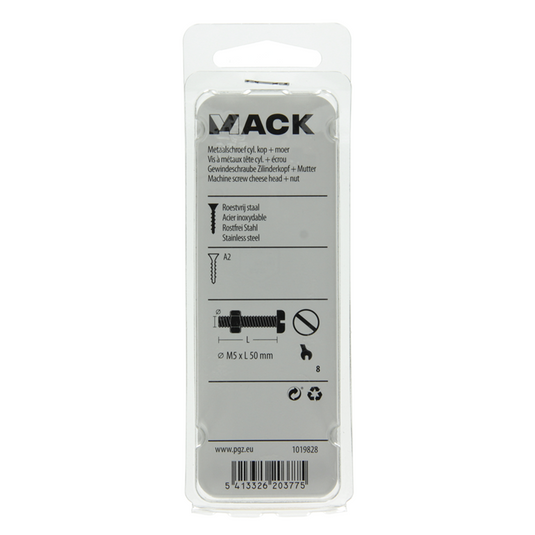 Mack 1019828 - metaalschroef cyl. kop + moer rvs 4 st m5x50 | 10 stuks