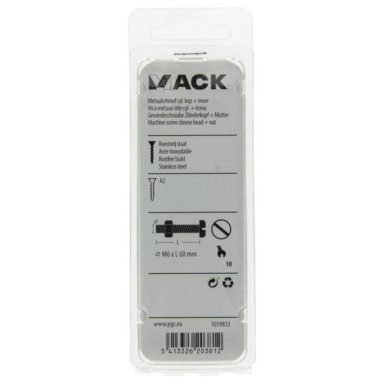 Load image into Gallery viewer, Mack 1019832 - metaalschroef cyl. kop + moer rvs 2 st m6x60 | 10 stuks
