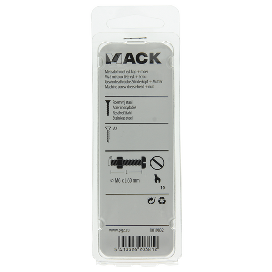 Mack 1019832 - metaalschroef cyl. kop + moer rvs 2 st m6x60 | 10 stuks