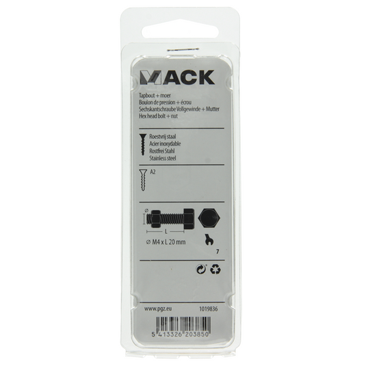Mack 1019836 - tapbout + moer roestvrijstaal 10 st m4x20 | 10 stuks