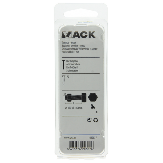 Mack 1019837 - tapbout + moer roestvrijstaal 7 st m5x16 | 10 stuks