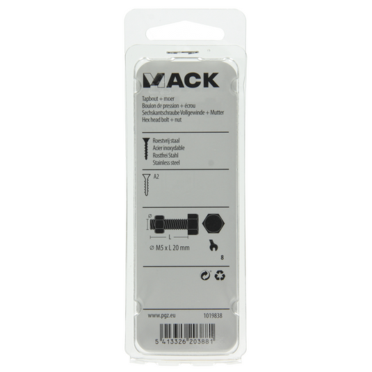 Mack 1019838 - tapbout + moer roestvrijstaal 6 st m5x20 | 10 stuks