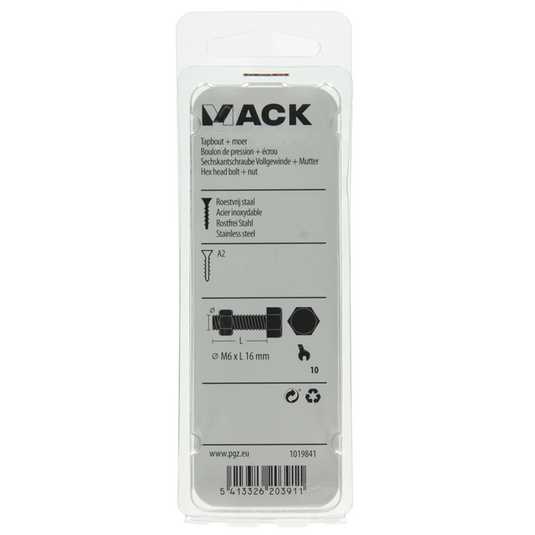 Mack 1019841 - tapbout + moer roestvrijstaal 5 st m6x16 | 10 stuks
