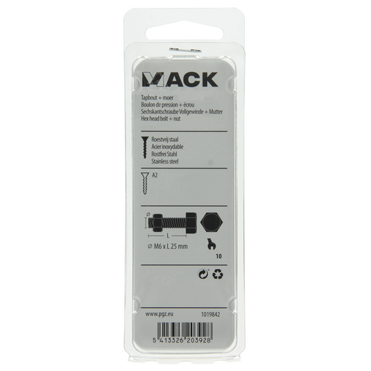 Mack 1019842 - tapbout + moer roestvrijstaal 5 st m6x25 | 10 stuks