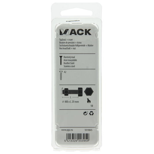 Mack 1019845 - tapbout + moer roestvrijstaal 2 st m8x20 | 10 stuks