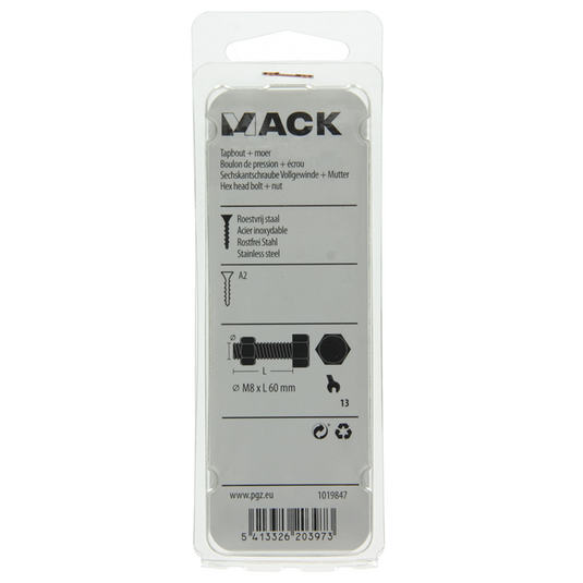 Mack 1019847 - tapbout + moer roestvrijstaal 2 st m8x60 | 10 stuks