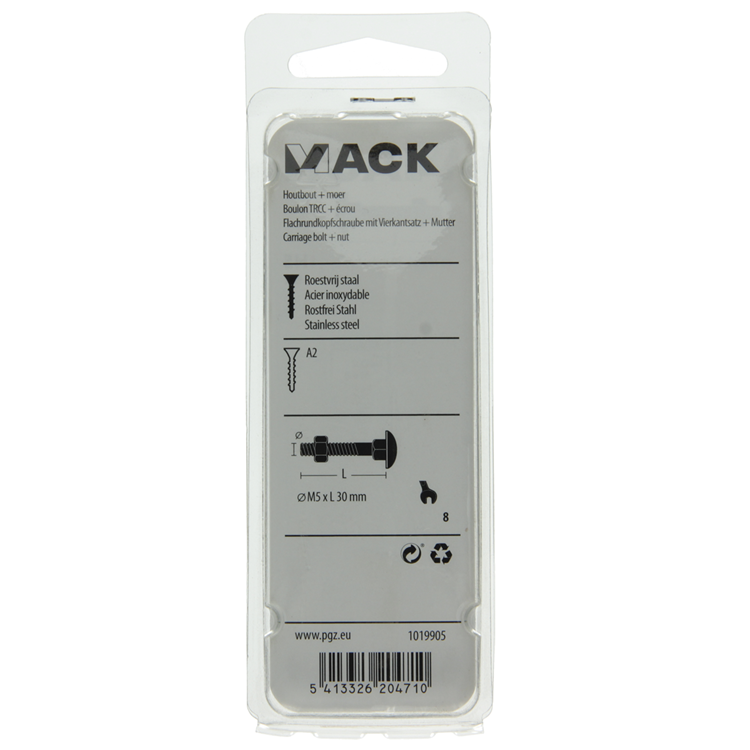 Load image into Gallery viewer, Mack 1019905 - houtbout + moer roestvrijstaal 6 st m5x30 mm | 10 stuks

