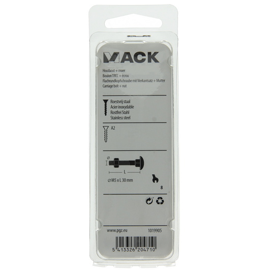 Mack 1019905 - houtbout + moer roestvrijstaal 6 st m5x30 mm | 10 stuks