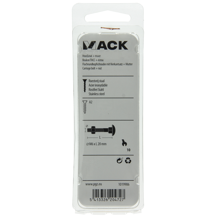 Load image into Gallery viewer, Mack 1019906 - houtbout + moer roestvrijstaal 6 st m6x20 mm | 10 stuks
