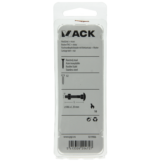 Mack 1019906 - houtbout + moer roestvrijstaal 6 st m6x20 mm | 10 stuks