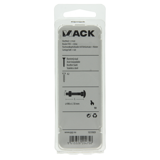 Mack 1019909 - houtbout + moer roestvrijstaal 3 st m6 x 50 mm | 10 stuks