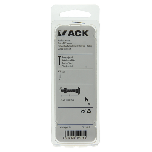 Mack 1019910 - houtbout + moer roestvrijstaal 2 st m6 x 60 mm | 10 stuks