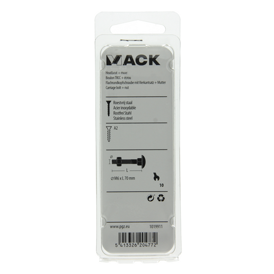 Mack 1019911 - houtbout + moer roestvrijstaal 2 st m6 x 70 mm | 10 stuks