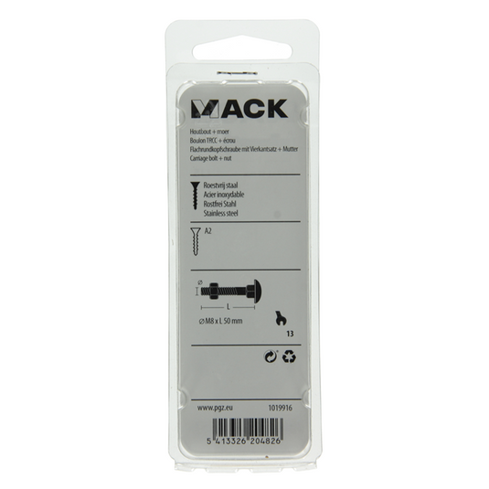 Mack 1019916 - houtbout + moer roestvrijstaal 3 st m8 x 50 mm | 5 stuks