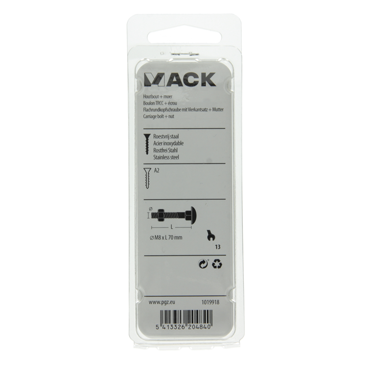 Load image into Gallery viewer, Mack 1019918 - houtbout + moer roestvrijstaal 2 st m8 x 70 mm | 5 stuks
