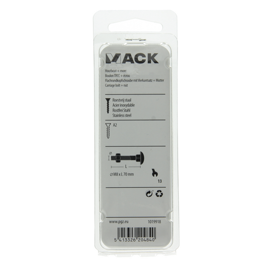 Mack 1019918 - houtbout + moer roestvrijstaal 2 st m8 x 70 mm | 5 stuks