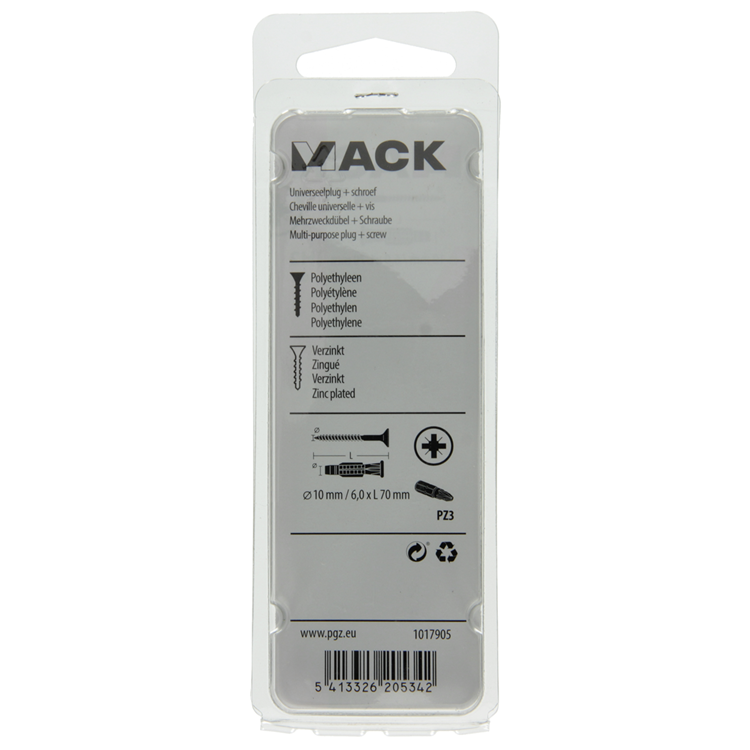 Load image into Gallery viewer, Mack 1017905 - universeelplug + schroef polyeth6 st 10mm 6,0x70mm | 5 stuks
