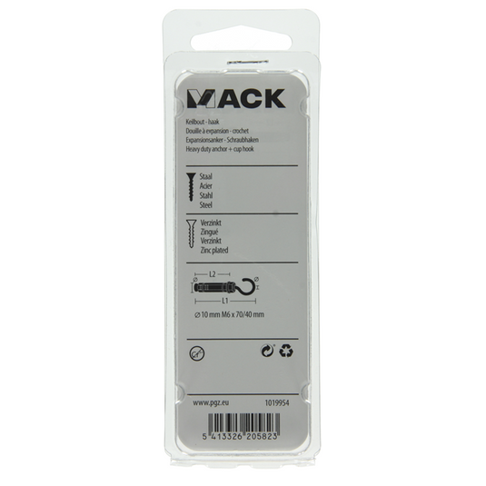 Mack 1019954 - keilbout schroefhaak verzinkt 2 st m6x70 10x40 | 5 stuks