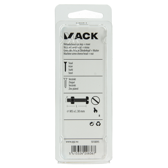 Mack 1018095 - metaalschroef cyl. kop + moer verz. 28 st m5 x 30 mm | 5 stuks