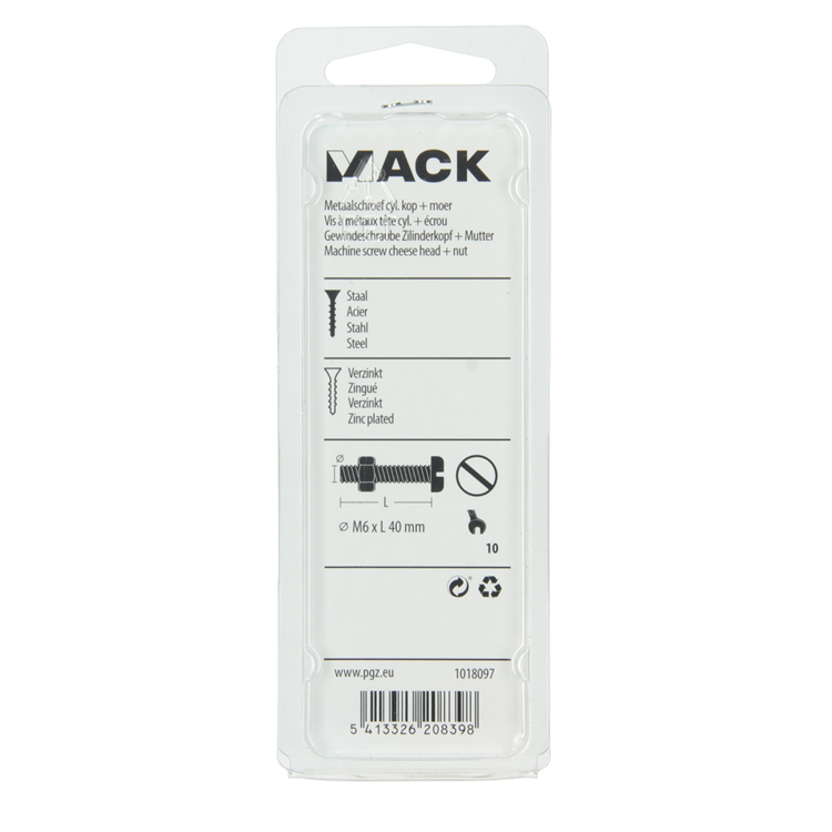 Load image into Gallery viewer, Mack 1018097 - metaalschroef cyl. kop + moer verz. 16 st m6 x 40 mm | 5 stuks
