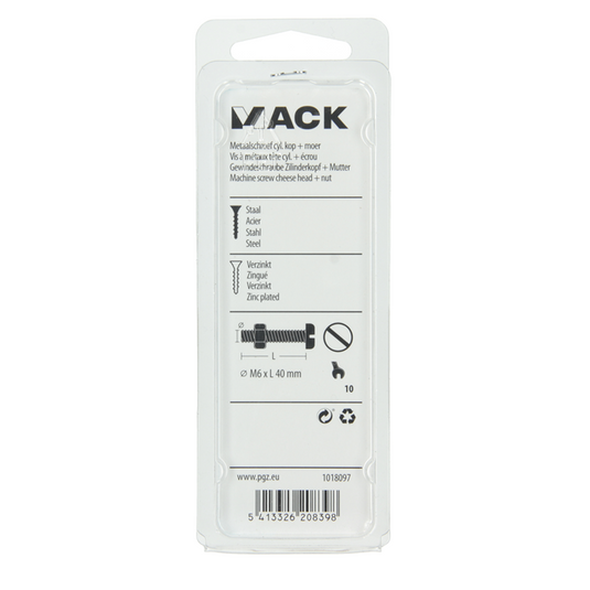 Mack 1018097 - metaalschroef cyl. kop + moer verz. 16 st m6 x 40 mm | 5 stuks