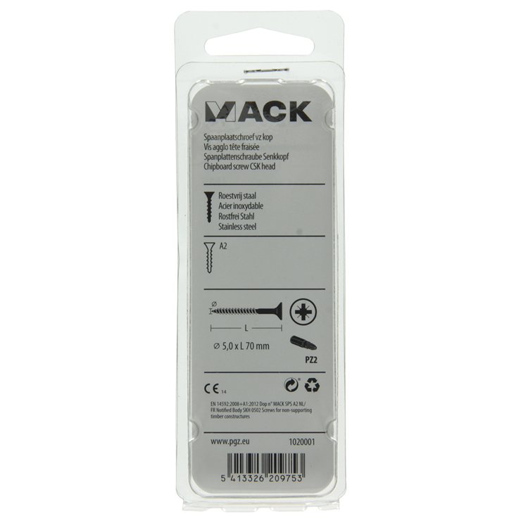 Load image into Gallery viewer, Mack 1020001 - spaanplaatschroef vz kop rvs 18 st 5,0 x 70 mm | 5 stuks
