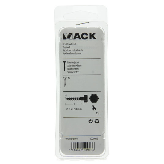 Mack 1020012 - houtdraadbout roestvrijstaal 8 st 8 x 50 mm | 5 stuks