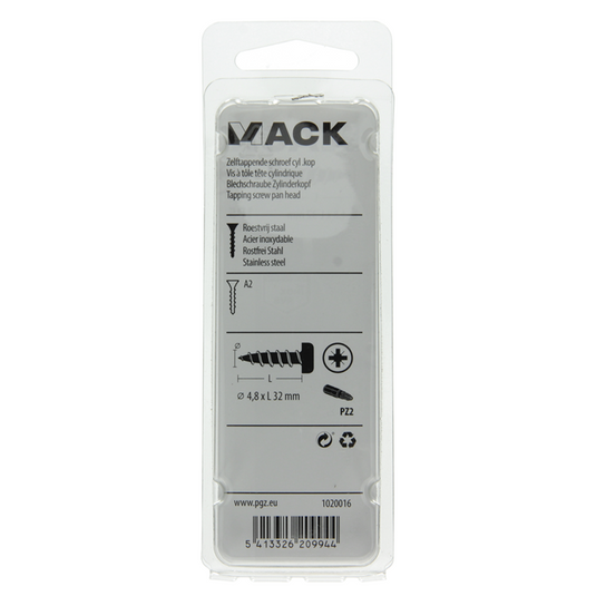 Mack 1020016 - zelftappende schroef cyl.kop a2 20 st 4,8 x 32 mm | 5 stuks