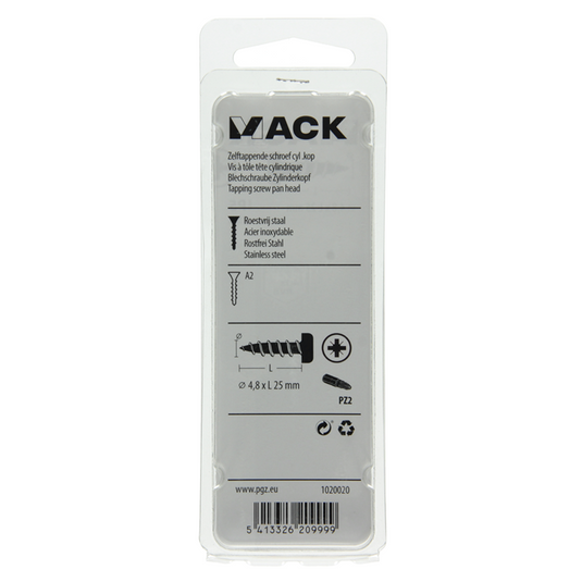 Mack 1020020 - zelftappende schroef cyl.kop a2 25 st 4,8 x 25 mm | 5 stuks