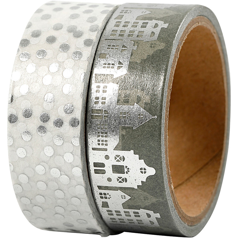 Afbeelding laden in galerijviewer, Https: www.cchobby.nl masking-tape-huizen-en-stippen-folie-b-15-mm-zilver-2x4-m-1-doos
