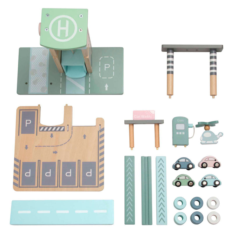 Load image into Gallery viewer, Playwood pastelkleurige houten parkeergarage en tankstation met lift
