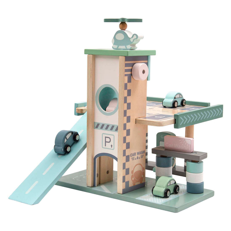 Load image into Gallery viewer, Playwood pastelkleurige houten parkeergarage en tankstation met lift
