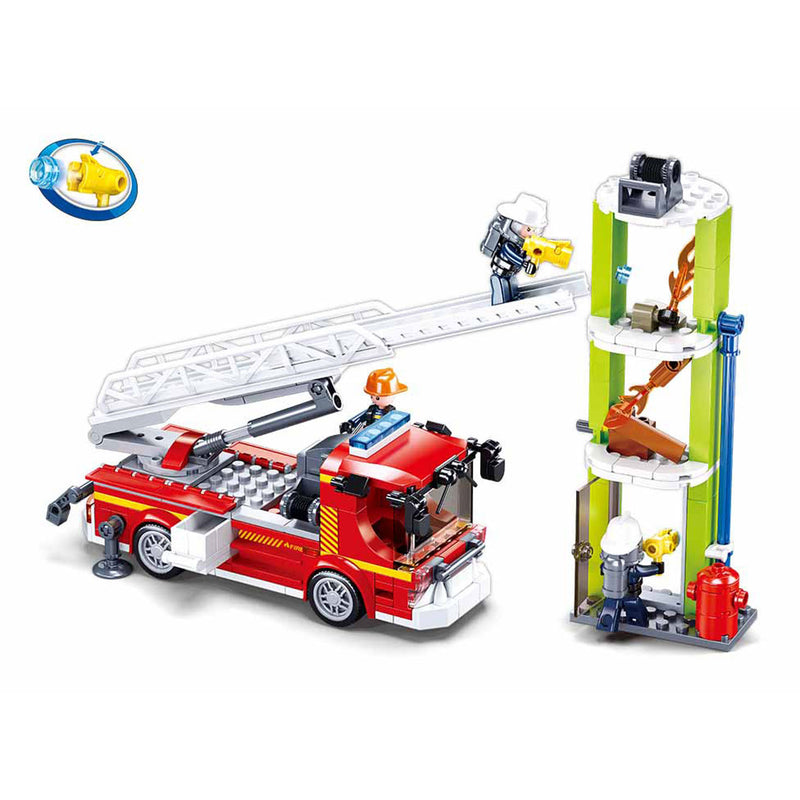 Load image into Gallery viewer, Sluban fire brandweerauto met telescoopladder ladderauto bouwspeelgoed kinderen vanaf 6 jaar – constructiespeelgoed bouwdoos met 343 bouwstenen – m38-b0966
