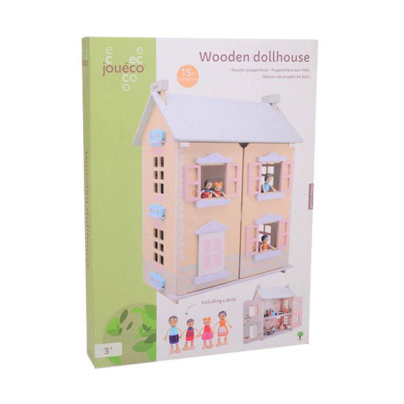 Load image into Gallery viewer, Joueco houten poppenhuis - incl. 15 meubels en 4 poppen
