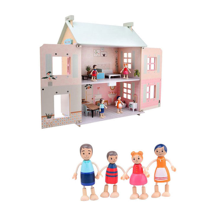 Load image into Gallery viewer, Joueco houten poppenhuis - incl. 15 meubels en 4 poppen
