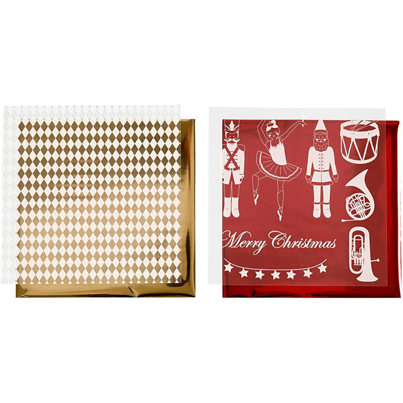 Afbeelding laden in galerijviewer, Https: www.cchobby.nl deco-folie-en-transfer-vel-notenkraker-kerstman-en-ballerina-vel-15x15-cm-goud-rood-wit-4-vel-1-doos
