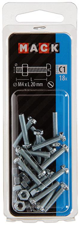 Afbeelding laden in galerijviewer, Mack 1017518 - metaalschroef cyl. kop + moer verz. 18 st m4 x 20 mm | 10 stuks
