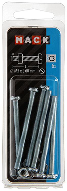 Load image into Gallery viewer, Mack 1017529 - metaalschroef cyl. kop + moer verz. 6 st m5 x 60 mm | 10 stuks
