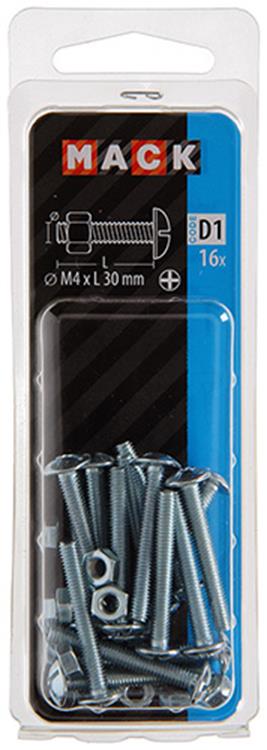 Afbeelding laden in galerijviewer, Mack 1017542 - kachelbout + moer staal verzinkt 16 st m4 x 30 mm | 10 stuks
