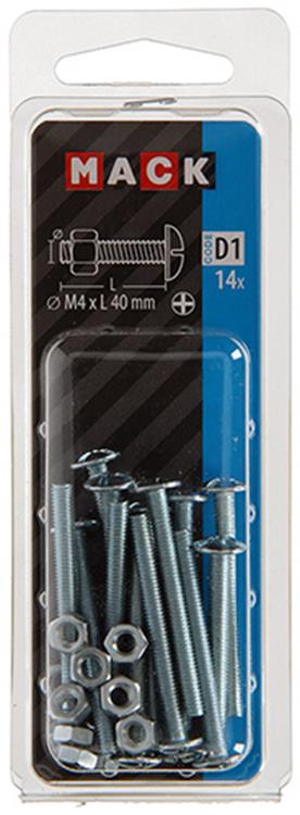 Afbeelding laden in galerijviewer, Mack 1017543 - kachelbout + moer staal verzinkt 14 st m4 x 40 mm | 10 stuks

